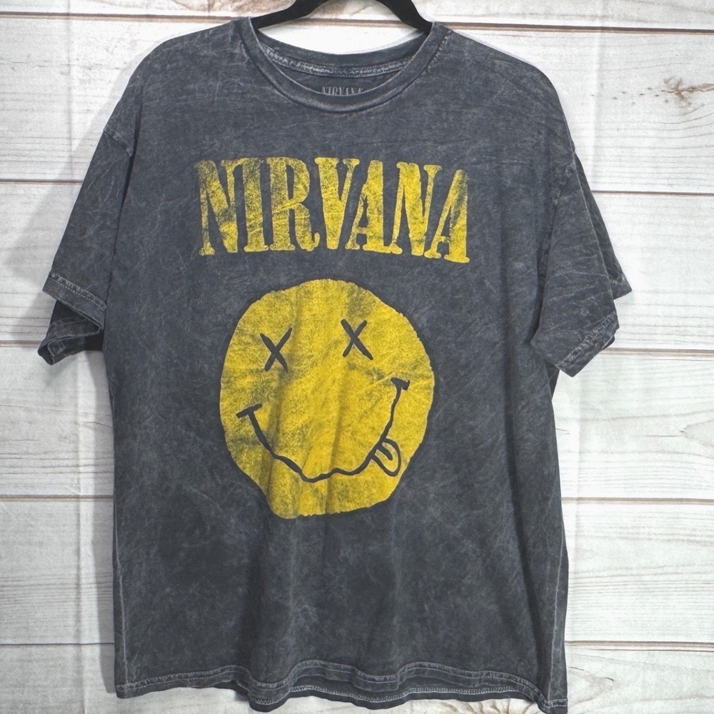 Nirvana Smiley Face Graphic T-Shirt XL Charcoal Gray Acid Wash Vintage Style Tee